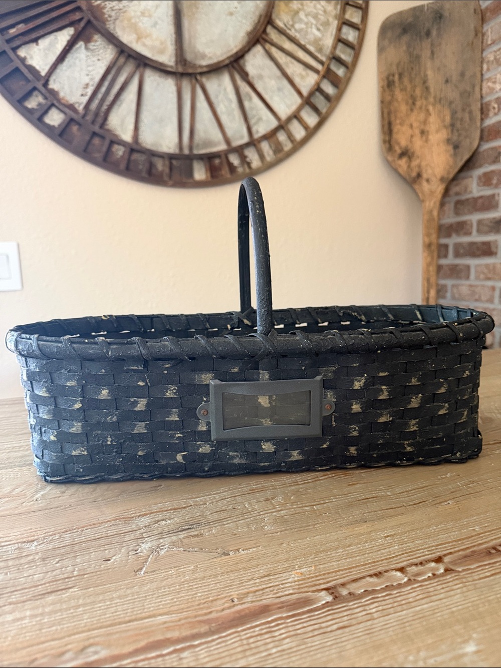 Rustic Black Woven Basket with Handle